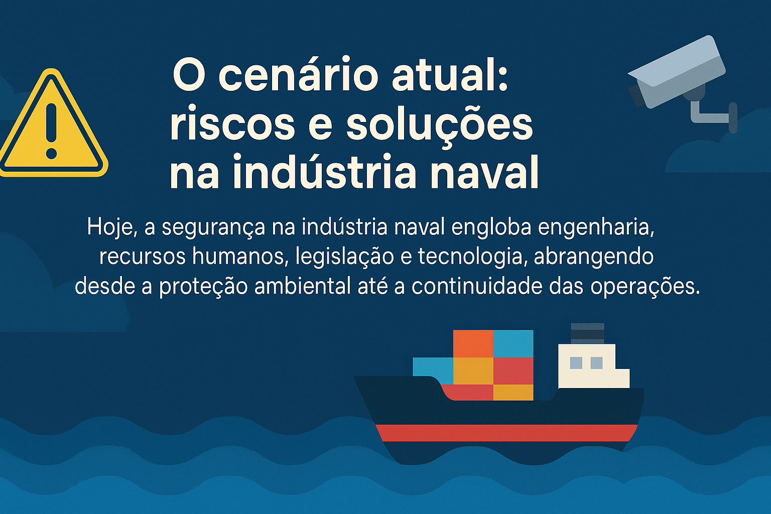 Infografía con el título "El escenario actual: riesgos y soluciones en la industria naval", con ilustraciones de un barco de carga, un ícono de alerta y una cámara de seguridad sobre fondo azul con olas.
