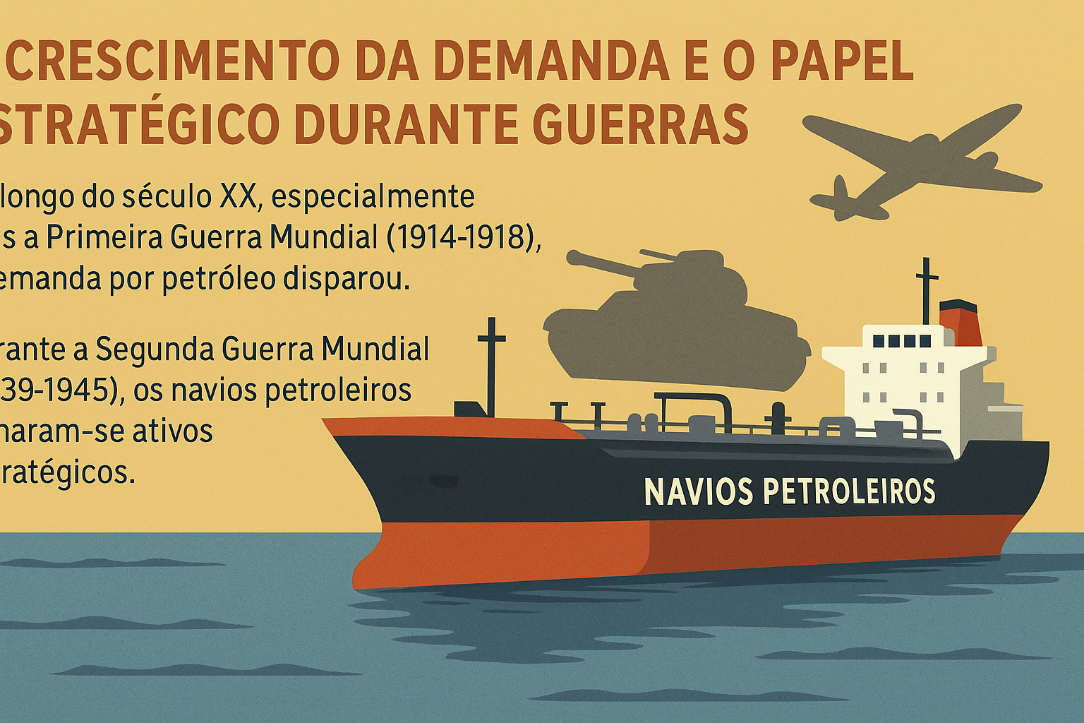 Infográfico ilustrando el papel estratégico de los petroleros durante las guerras mundiales, con tanque militar, avión y petrolero en el mar.