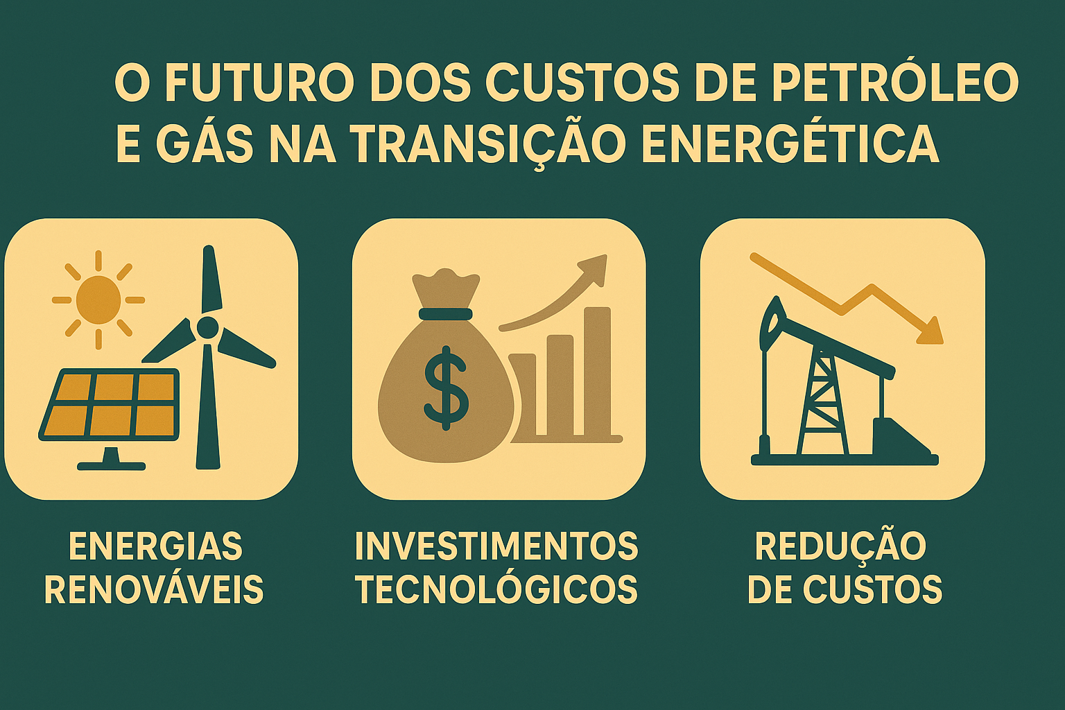 Infográfico ilustrando el futuro de los costos de petróleo y gas en la transición energética, con íconos representando energías renovables, inversiones tecnológicas y reducción de costos.
