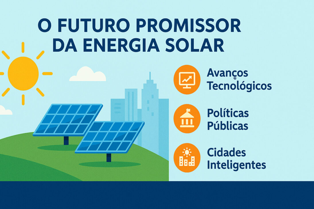Infográfico sobre el futuro de la energía solar con paneles en colinas verdes, ciudad al fondo e íconos destacando avances tecnológicos, políticas públicas y ciudades inteligentes.