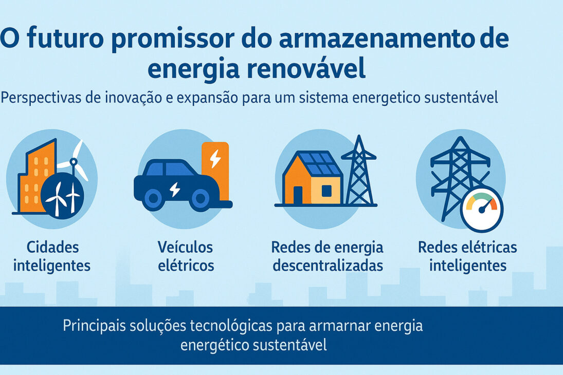 Infográfico Ilustrando El Futuro Del Almacenamiento De Energía Renovable Con Íconos Representando Ciudades Inteligentes, Vehículos Eléctricos, Redes De Energía Descentralizadas Y Redes Eléctricas Inteligentes.