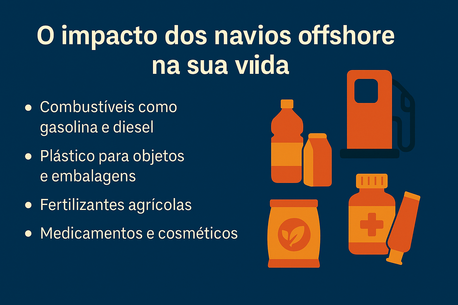Infográfico ilustrativo en estilo flat con íconos de bomba de combustible, envases plásticos, fertilizantes y medicamentos, destacando los principales impactos de los barcos offshore en la vida cotidiana.