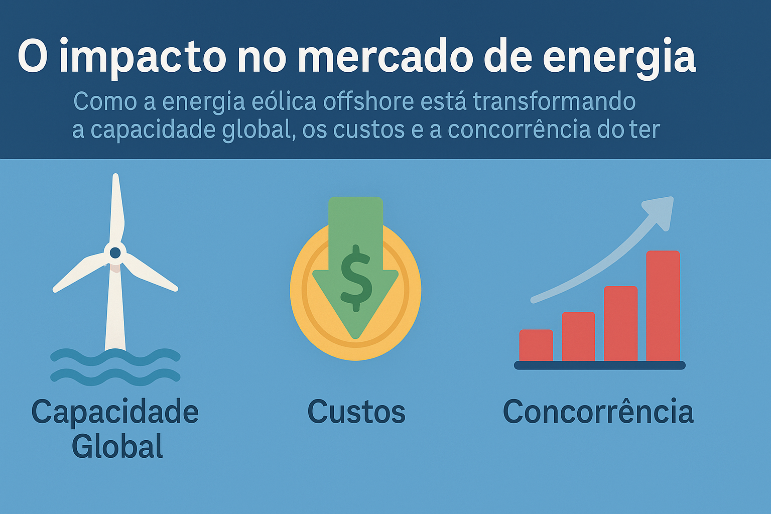 Infografía sobre el impacto de la energía eólica offshore en el mercado de energía, con íconos representando capacidad global, reducción de costos y aumento de la competencia.