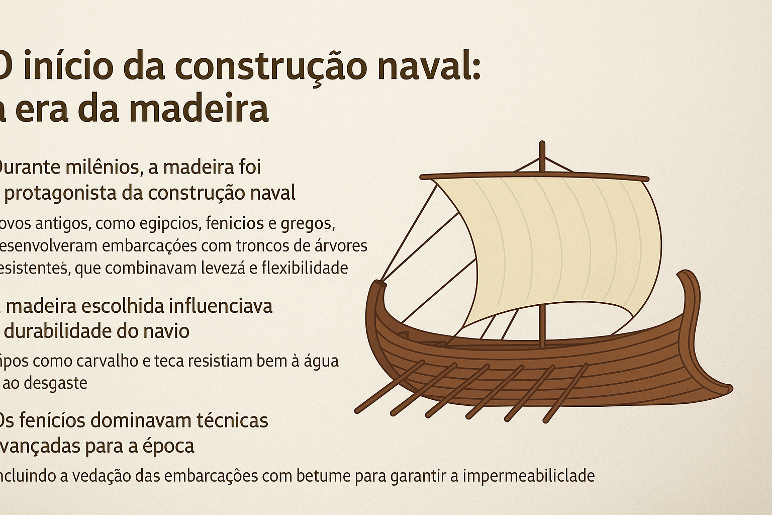 Infográfico ilustrativo mostrando un barco antiguo de madera con vela, acompañado de texto explicativo sobre el uso de la madera en la construcción naval por civilizaciones antiguas como egipcios, fenicios y griegos.