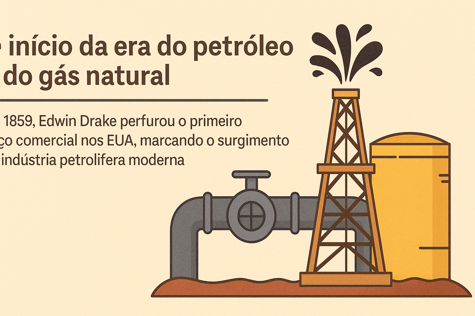 Infografía ilustrativa sobre el inicio de la era del petróleo y gas natural, con torre de perforación, tubería y tanque de almacenamiento.