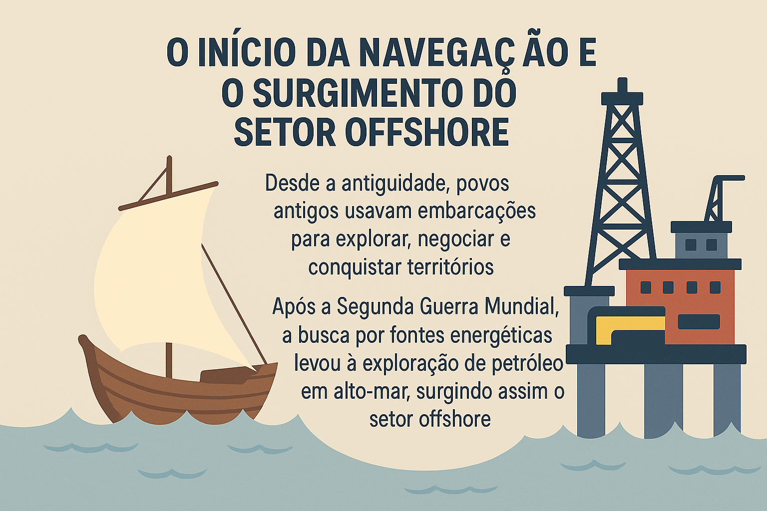 Infografía Ilustrando Un Embarcación Antigua Y Una Plataforma De Petróleo Offshore, Con Texto Centrado Explicando La Evolución De La Navegación Y El Origen Del Sector Offshore.