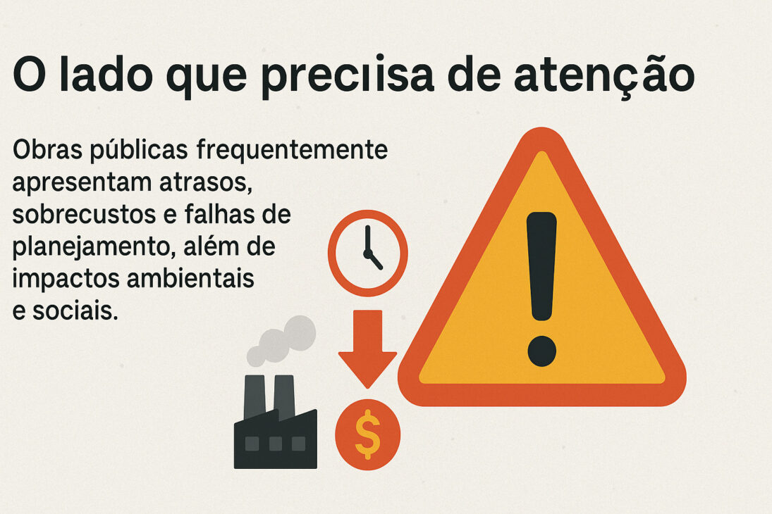 Infográfico com ícones de alerta, relógio, fábrica, seta para baixo e moeda, destacando os problemas de obras públicas como atrasos, sobrecustos e impactos ambientais.