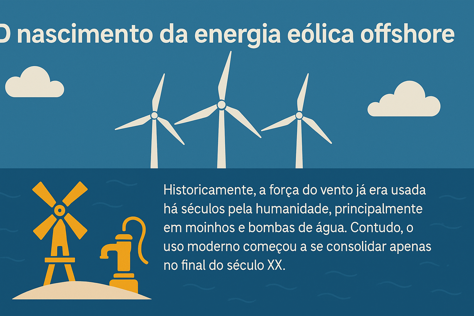 Infografía ilustrando el nacimiento de la energía eólica offshore, con turbinas modernas en el mar y símbolos históricos como molino de viento y bomba de agua.