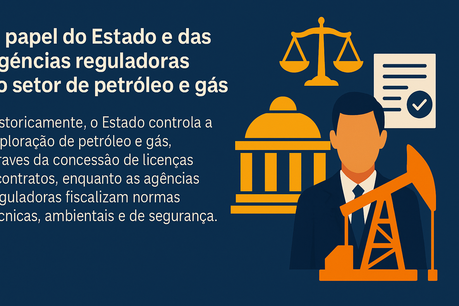 Infográfico sobre el papel del Estado y de las agencias reguladoras en el sector de petróleo y gas, con ilustraciones de balanza de la justicia, edificio gubernamental, empresario y bomba de extracción de petróleo.