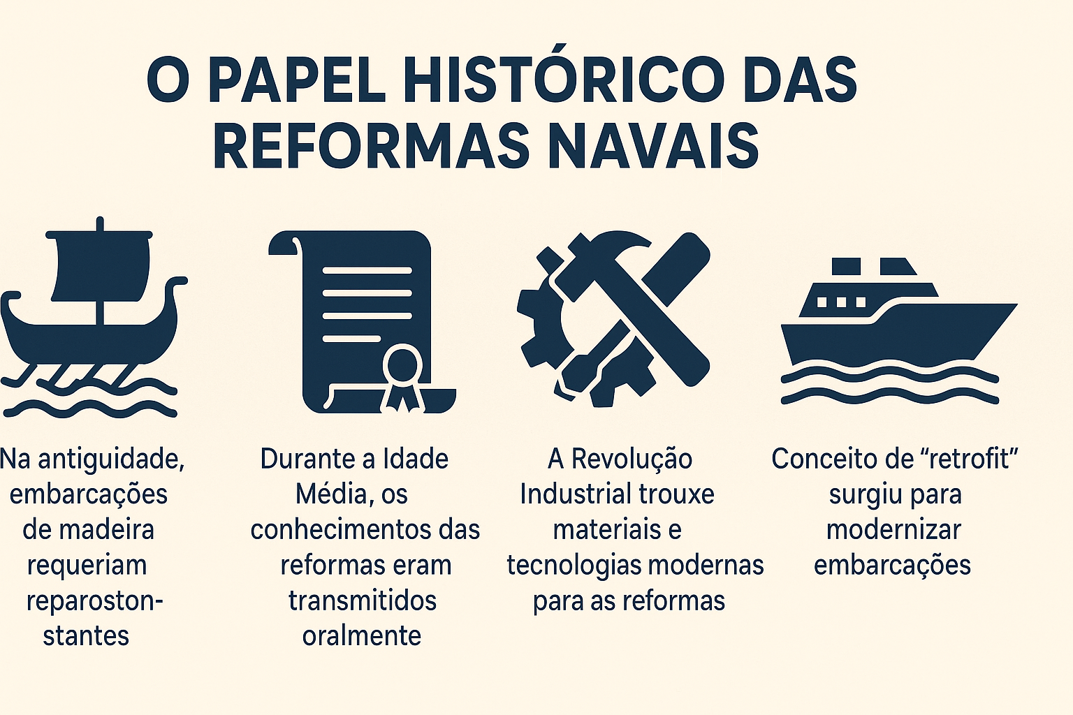 Infográfico ilustrando la evolución histórica de las reformas navales, con íconos representando diferentes períodos: antigüedad, Edad Media, Revolución Industrial y era del retrofit.