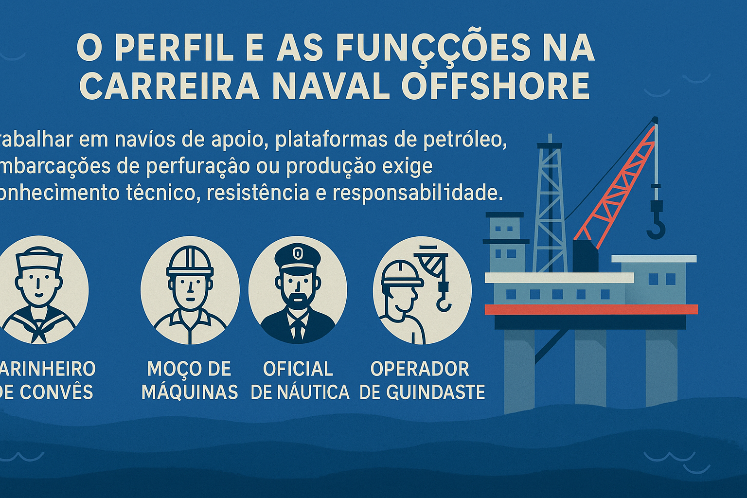 Infografía Sobre El Perfil Y Las Funciones En La Carrera Naval Offshore, Con Íconos De Profesiones Y Una Plataforma Marítima Al Fondo.