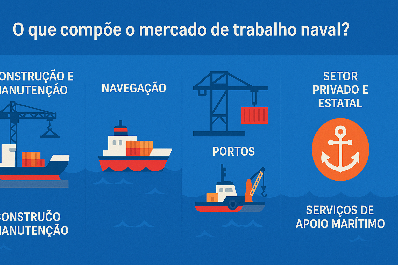 Infografía ilustrando los principales componentes del mercado de trabajo naval, como construcción, navegación, puertos y servicios de apoyo marítimo.