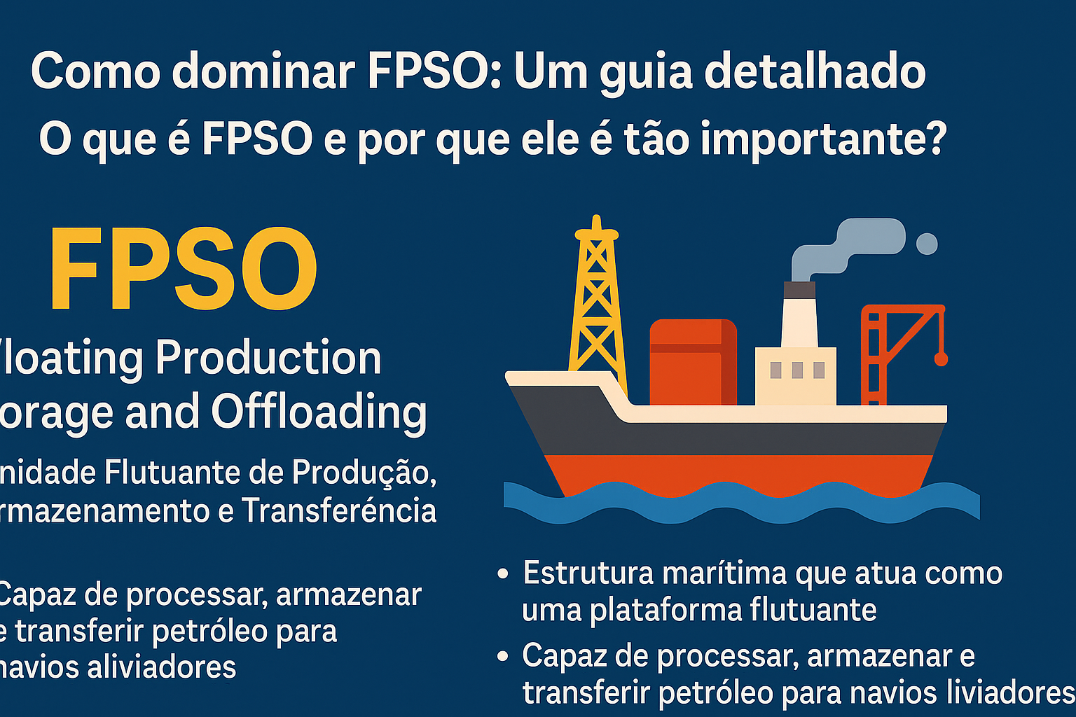 Infografía explicativa sobre FPSO, con destaque para la sigla Floating Production Storage and Offloading y una ilustración de una plataforma flotante de petróleo en el mar.