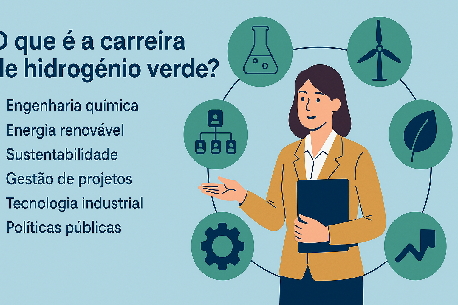 Infografía de una profesional rodeada por íconos que representan áreas de la carrera de hidrógeno verde, como energía renovable, ingeniería química, sostenibilidad, tecnología industrial y políticas públicas.