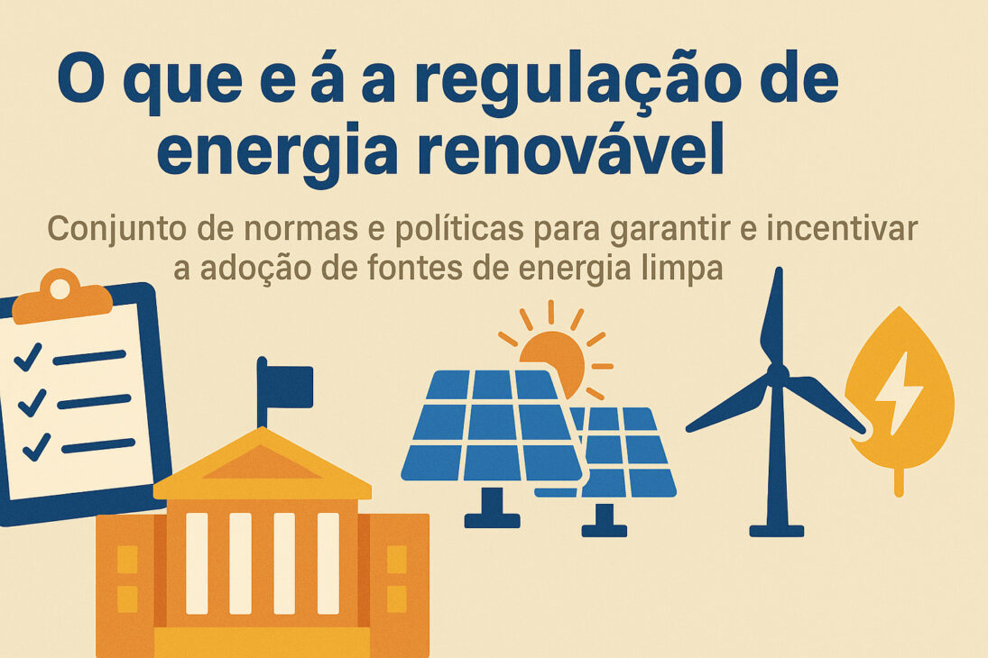 Infográfico explicando qué es la regulación de energía renovable, con íconos de checklist, edificio gubernamental, paneles solares, turbina eólica y hoja con rayo.