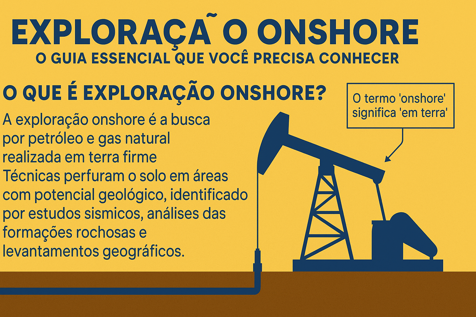 Infográfico ilustrando el concepto de exploración onshore, con texto explicativo e imagen de una bomba de extracción de petróleo en tierra firme.