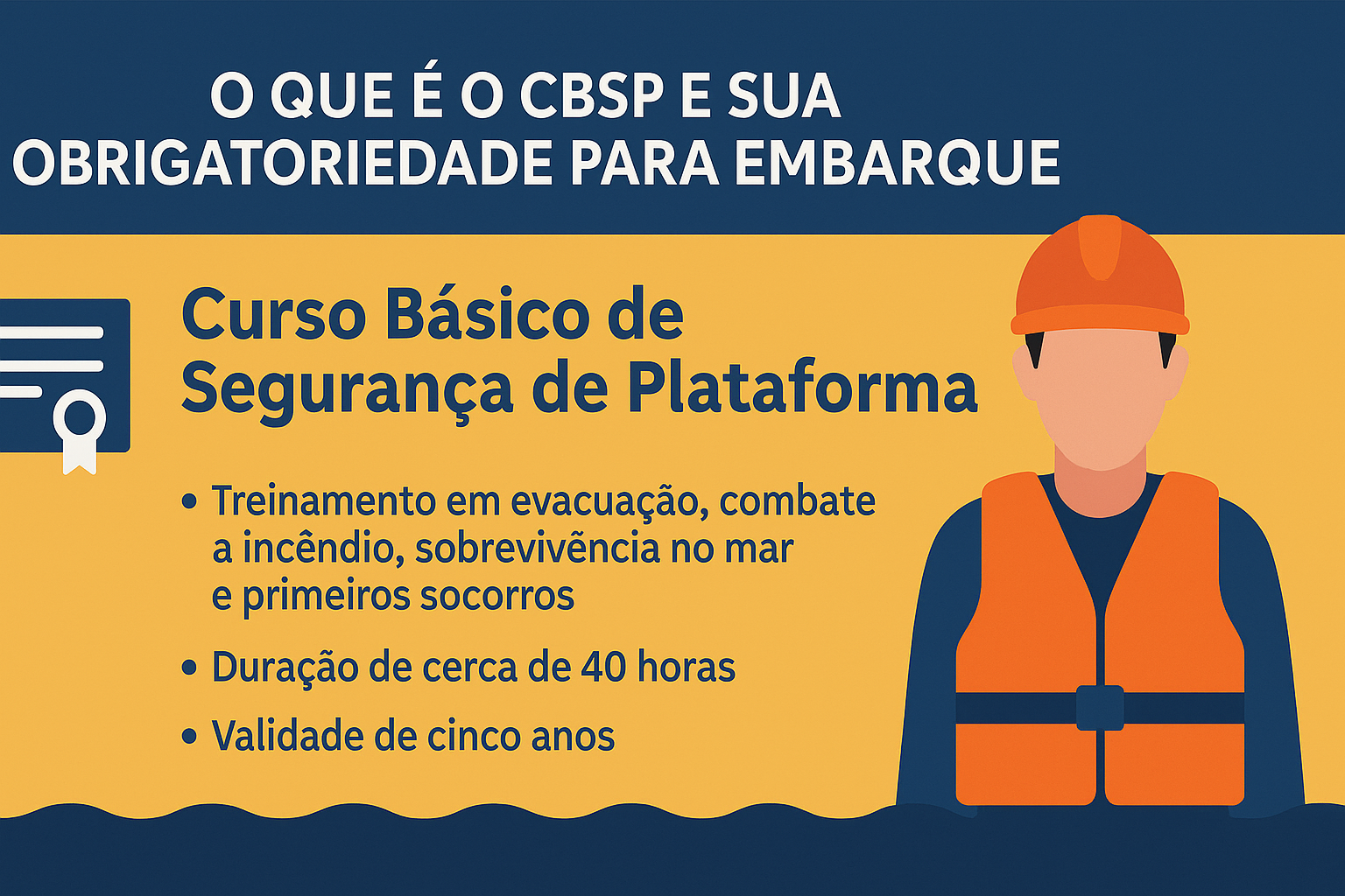 Infográfico explicativo sobre el Curso Básico de Seguridad de Plataforma (CBSP), destacando contenidos, duración y validez del certificado.