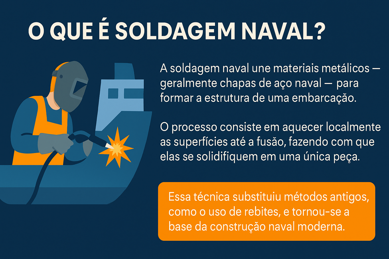Infográfico de un soldador naval trabajando na estrutura de um navio, com textos explicativos sobre o que é soldagem naval.