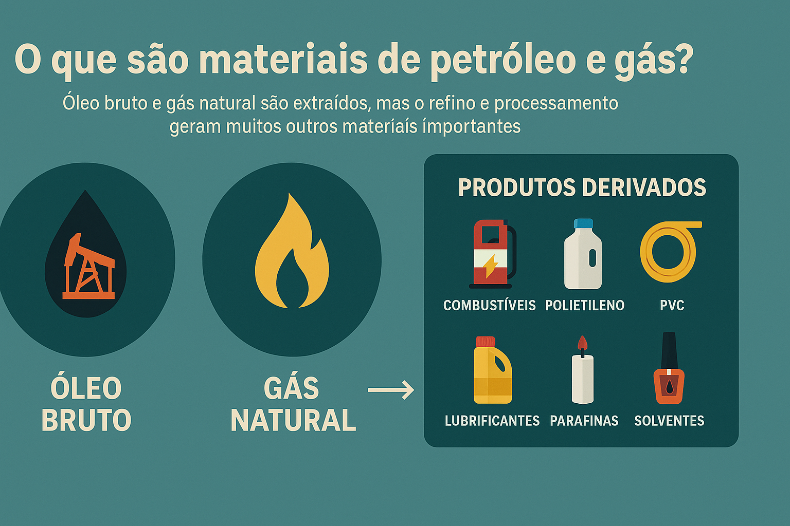Infográfico explicando o que são materiais de petróleo e gás, destacando o óleo bruto e o gás natural como fontes, com exemplos de produtos derivados como combustíveis, polietileno, PVC, lubrificantes, parafinas e solventes.