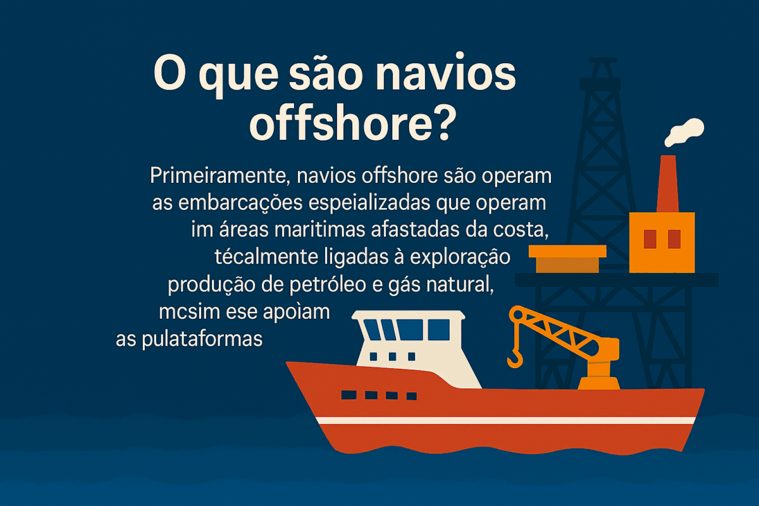 Infográfico en estilo flat mostrando un barco offshore y una plataforma de petróleo al fondo, con texto explicando la función de los barcos offshore.