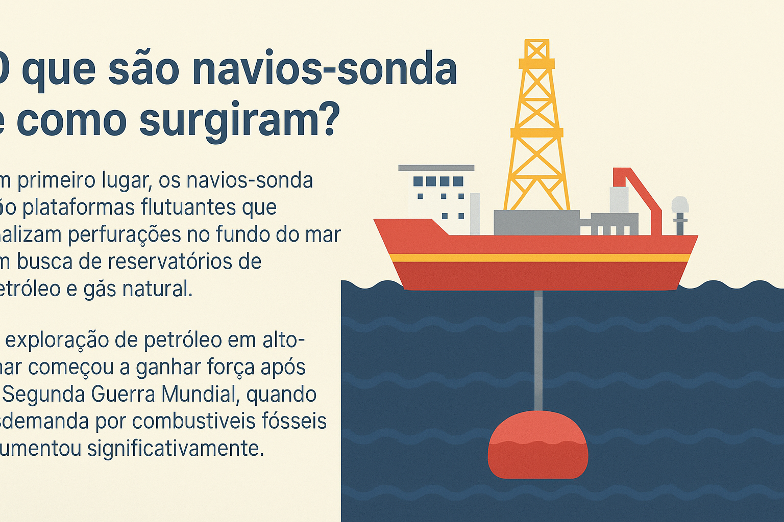 Infografía ilustrativa con buque de perforación rojo y amarillo perforando el fondo del mar, al lado de texto explicativo sobre qué son los buques de perforación y cómo surgieron.