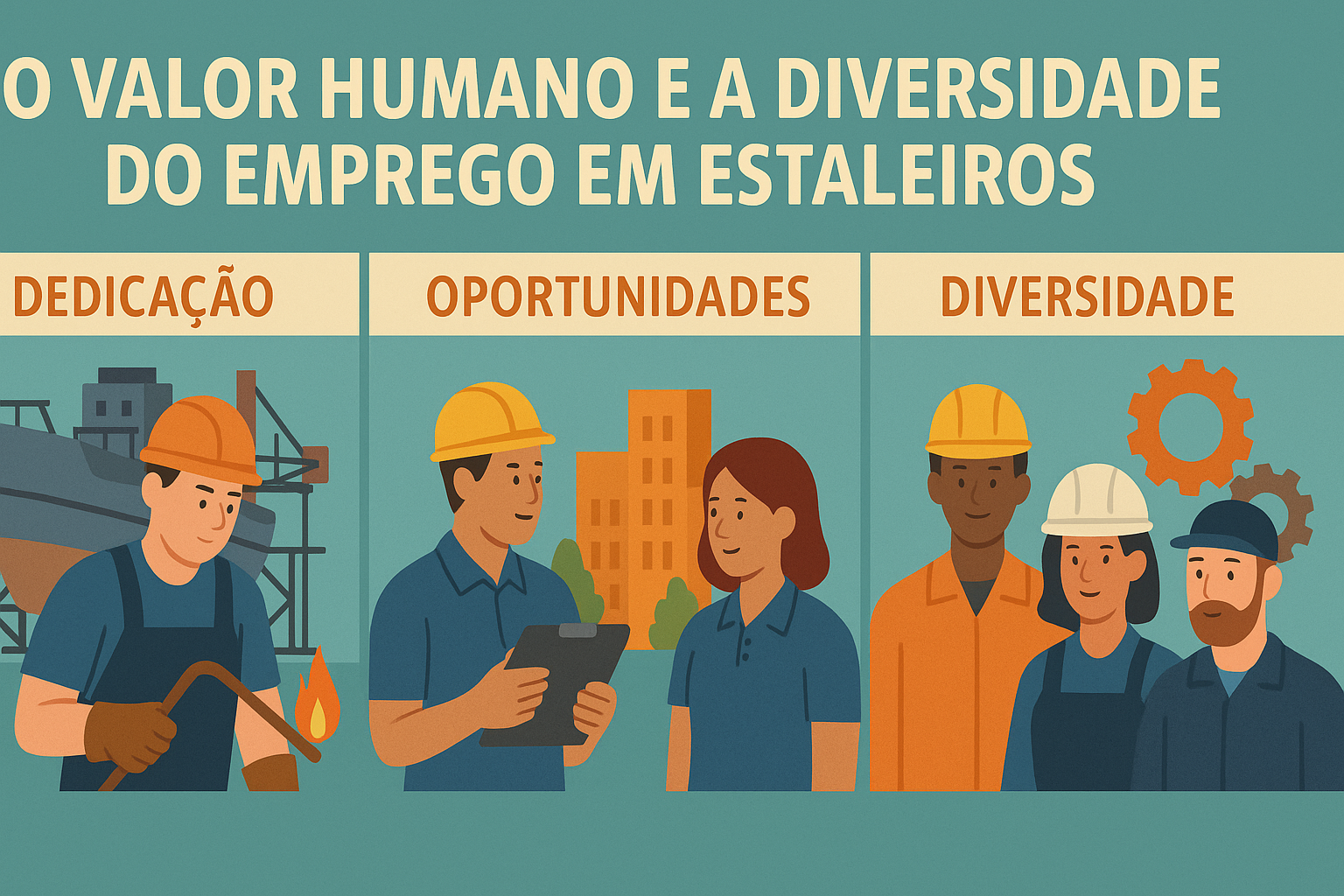 Infográfico en estilo flat mostrando trabajadores de astilleros con diferentes funciones y perfiles, dividido en tres secciones: Dedicación, Oportunidades y Diversidad.