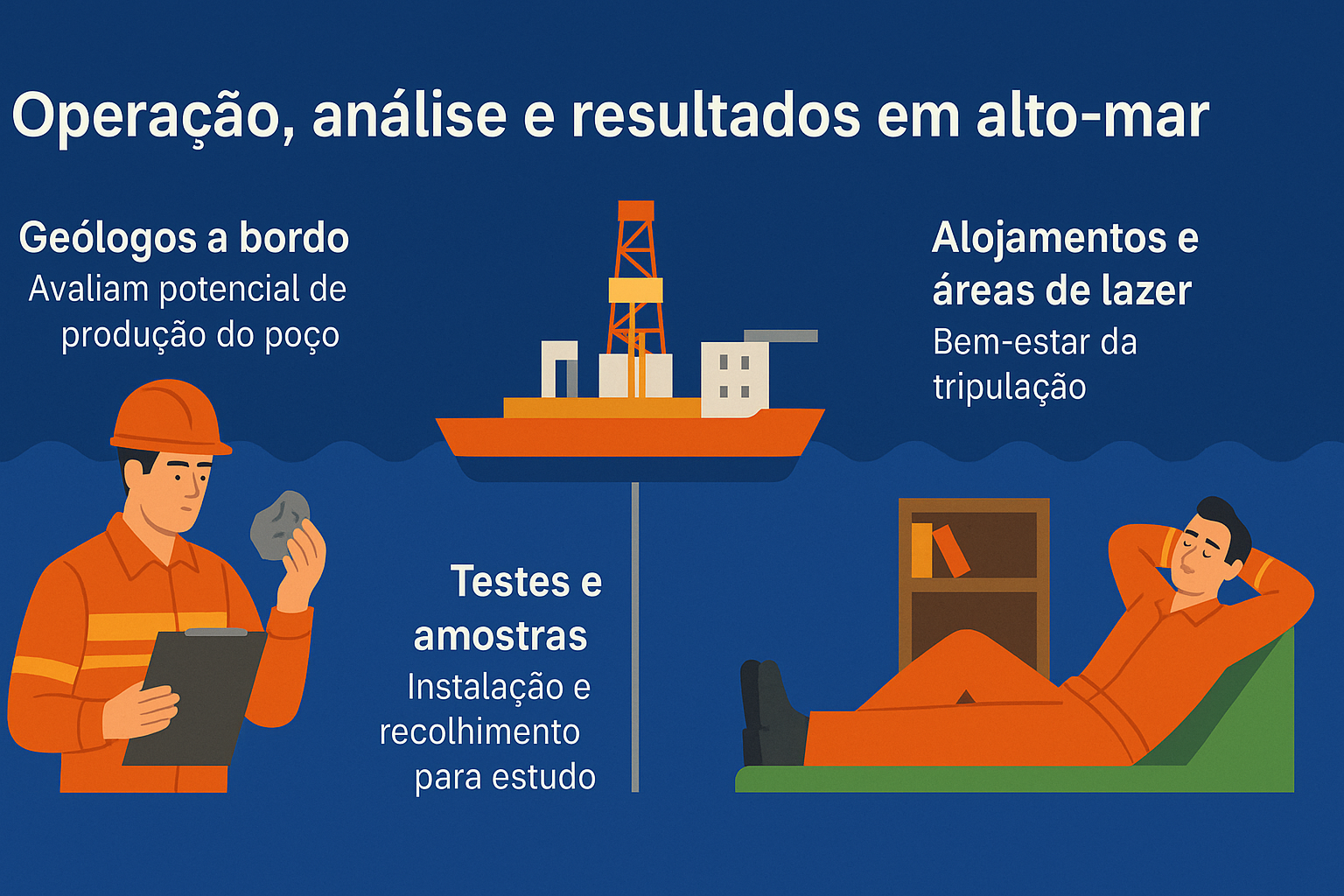 Infografía sobre operación, análisis y resultados en alta mar, con ilustraciones de geólogo analizando roca, buque de perforación perforando el fondo del mar y trabajador descansando en alojamiento.