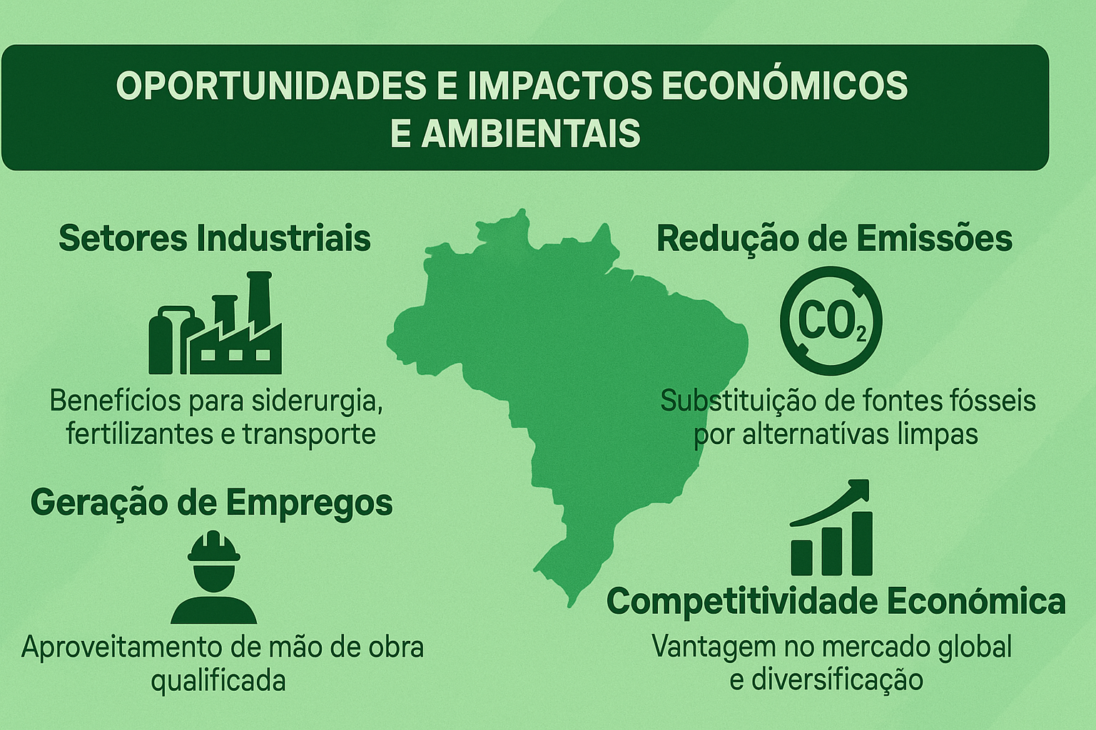 Infográfico con fondo verde destacando los beneficios económicos y ambientales del hidrógeno verde en Brasil. Incluye íconos representando industria, reducción de emisiones de CO₂, generación de empleos y competitividad económica, con mapa de Brasil al centro.