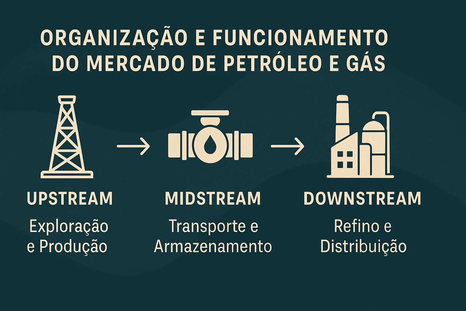Infográfico explicando los tres segmentos de la industria de petróleo y gas: upstream, midstream y downstream, con íconos representativos y flechas indicando el flujo del proceso.