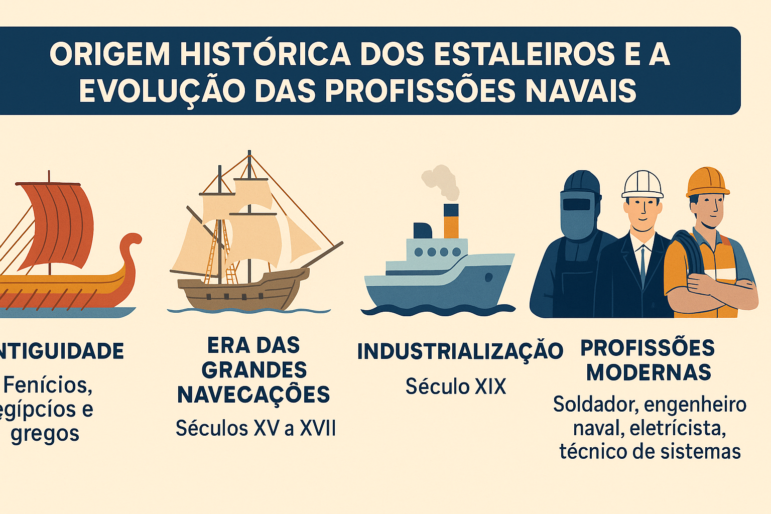 Infográfico ilustrando la evolución de los astilleros y de las profesiones navales desde la Antigüedad hasta los tiempos modernos, con representaciones visuales de barcos antiguos, embarcaciones industriales y trabajadores del sector naval.