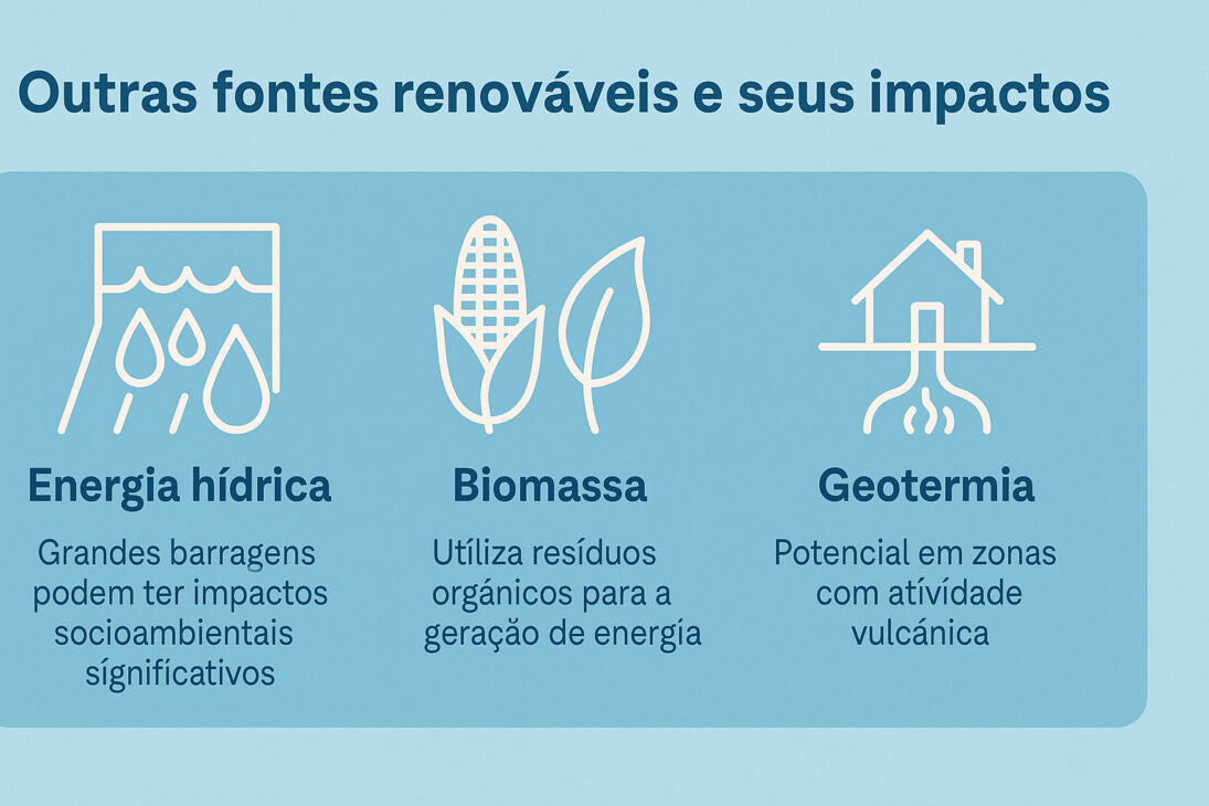Infográfico con íconos representando energía hídrica, biomasa y geotermia, destacando sus impactos socioambientales.
