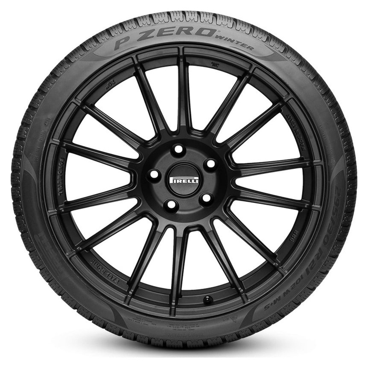 Neumático Pirelli P Zero Winter con rueda de aleación negra sobre fondo blanco