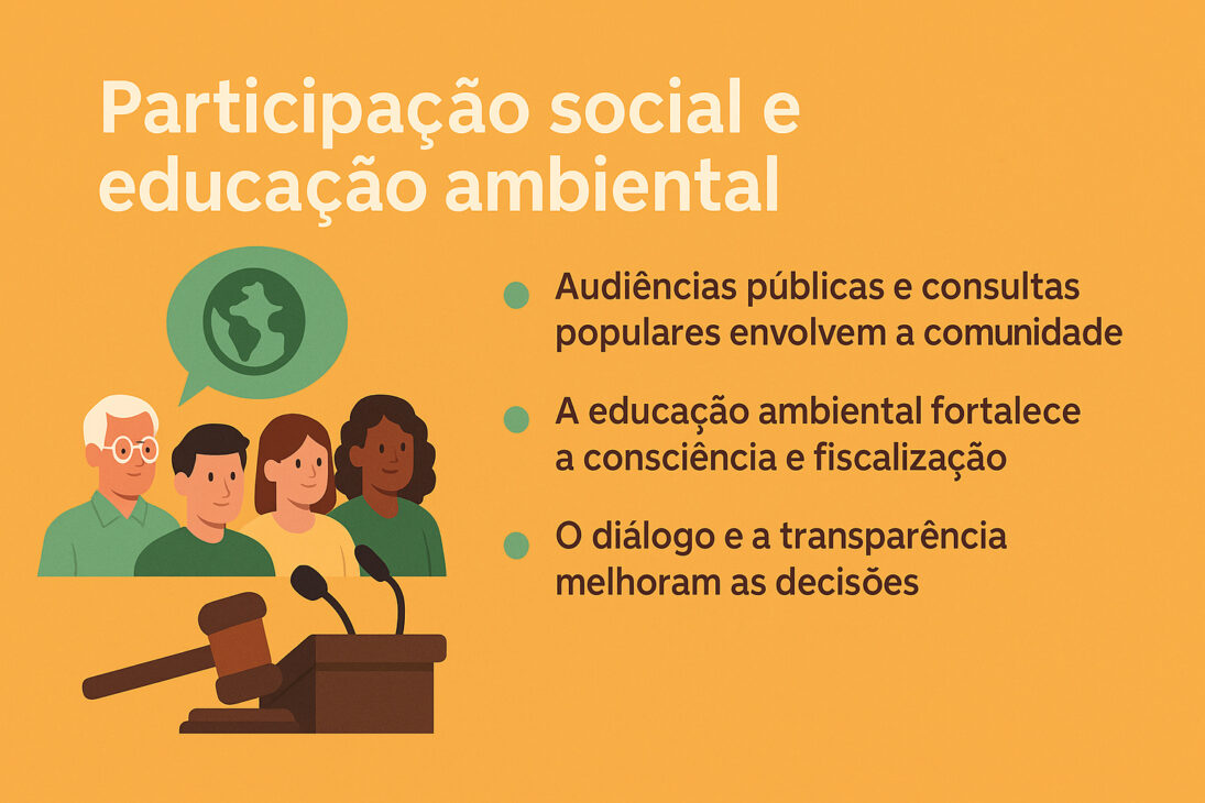 Infográfico em português sobre participação social e educação ambiental, com ilustrações de pessoas em uma audiência pública, balão com símbolo do planeta e um púlpito com microfones.