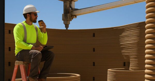 Engenheiro com capacete e colete refletivo toma café sentado em escada durante a construção com impressora 3D de grande escala no deserto do Texas.