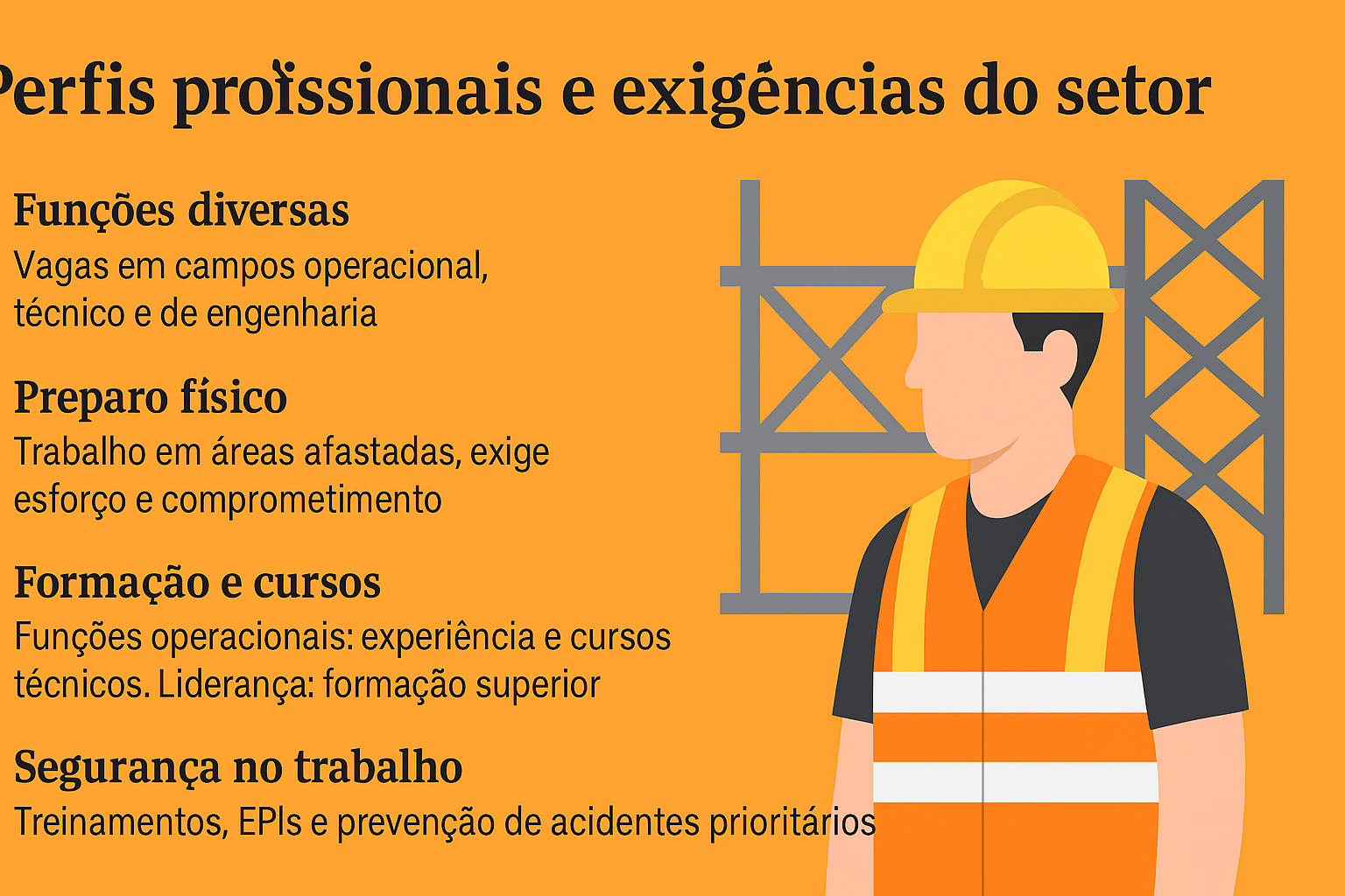 Infográfico ilustrando los perfiles profesionales y exigencias del sector de construcción pesada, con íconos y texto explicativo al lado de un trabajador con casco y chaleco naranja.