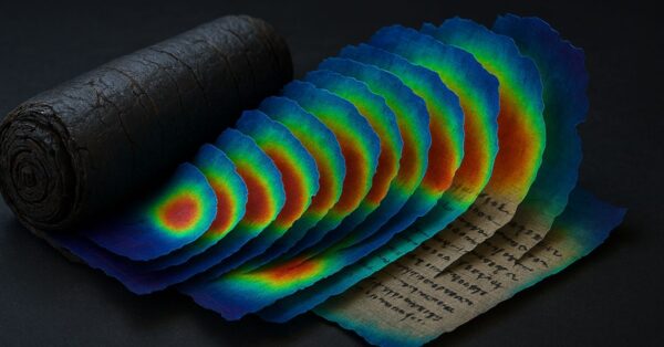 Visualização 3D de pergaminho carbonizado de Herculano sendo desembrulhado virtualmente, com camadas destacadas por mapas de calor e traços de tinta contrastantes em fundo escuro