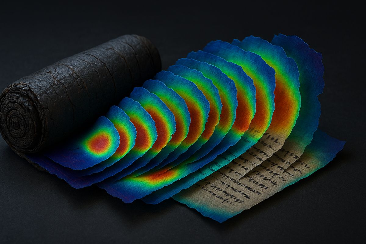 Visualização 3D de pergaminho carbonizado de Herculano sendo desembrulhado virtualmente, com camadas destacadas por mapas de calor e traços de tinta contrastantes em fundo escuro