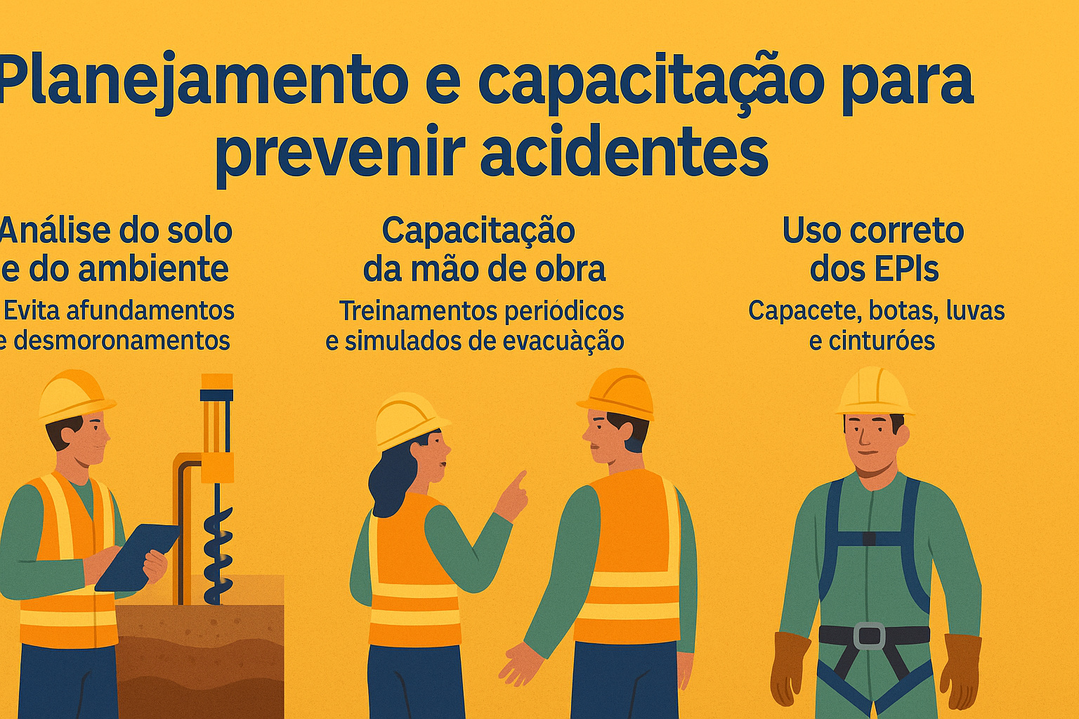 Infográfico ilustrando buenas prácticas de planificación y capacitación para prevenir accidentes en grandes construcciones, con destaque para análisis del suelo, entrenamiento de la mano de obra y uso correcto de EPIs.