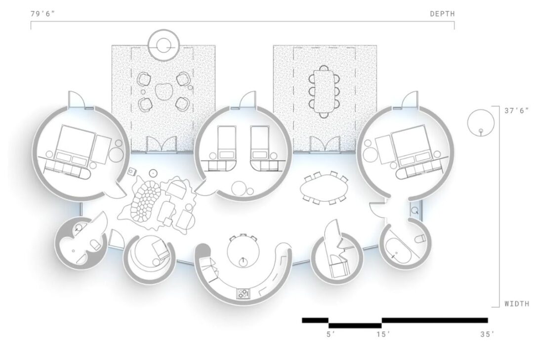 Planta baja detallada en formato circular de una residencia del hotel El Cosmico, con habitaciones interconectadas por formas curvas y disposición no convencional.