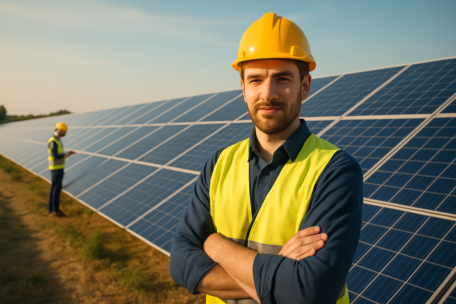 Engenheiro de energia solar em usina fotovoltaica ao entardecer