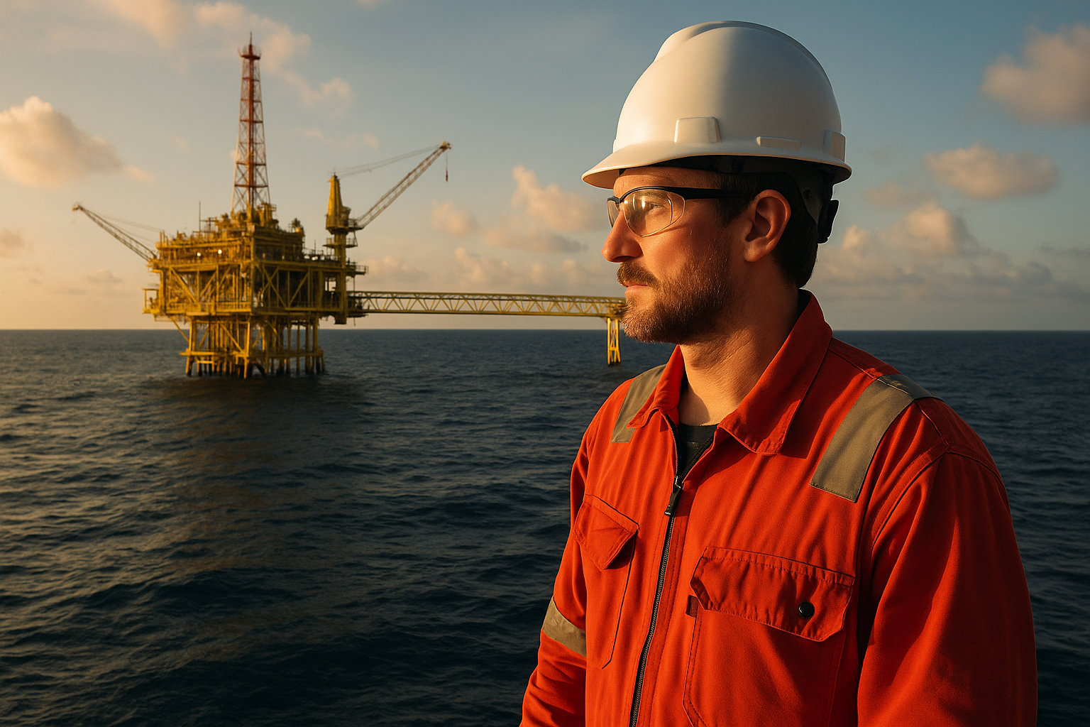 Trabalhador naval com EPI observa plataforma de petróleo offshore ao entardecer.