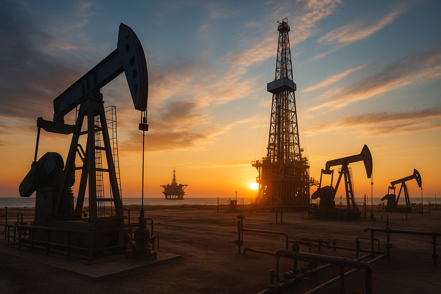 Plataforma de petróleo e bombas de extração em funcionamento ao pôr do sol, representando a tecnologia de petróleo e gás.
