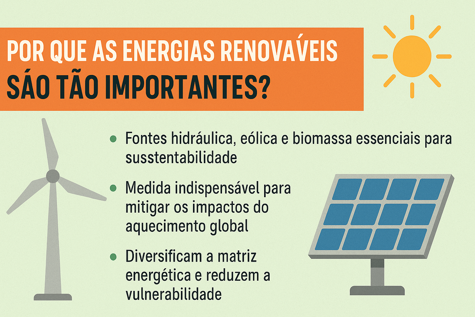 Infografía con título "¿Por qué son tan importantes las energías renovables?", destacando fuentes de energía como turbina eólica, panel solar e íconos ilustrativos, acompañado de tres puntos clave sobre la importancia de la energía renovable.