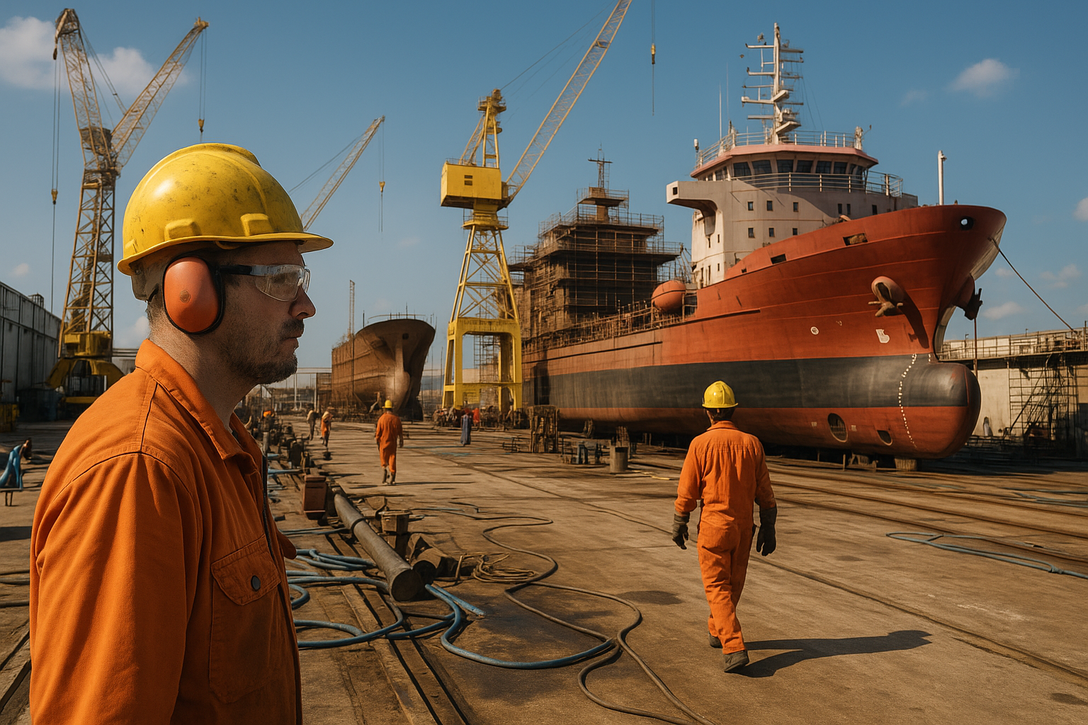 Trabalhadores em estaleiro inspecionam navios em construção sob céu azul claro.