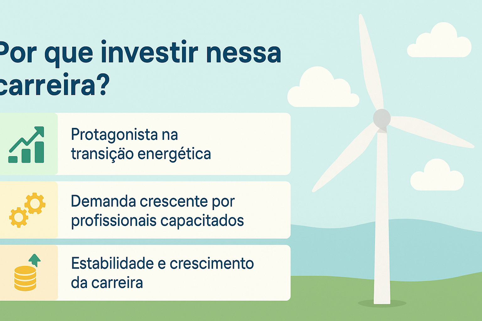 Infográfico sobre los motivos para invertir en la carrera de energía eólica, con destacados para transición energética, demanda creciente y estabilidad.