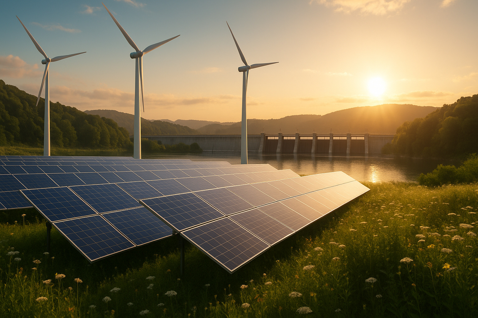 Painéis solares, turbinas eólicas e uma barragem hidrelétrica integrados à natureza durante o pôr do sol.