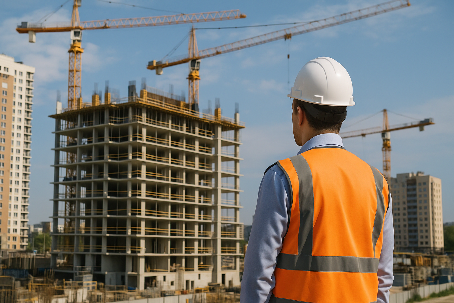 Engenheiro civil observa construção de edifício em canteiro de obras urbano