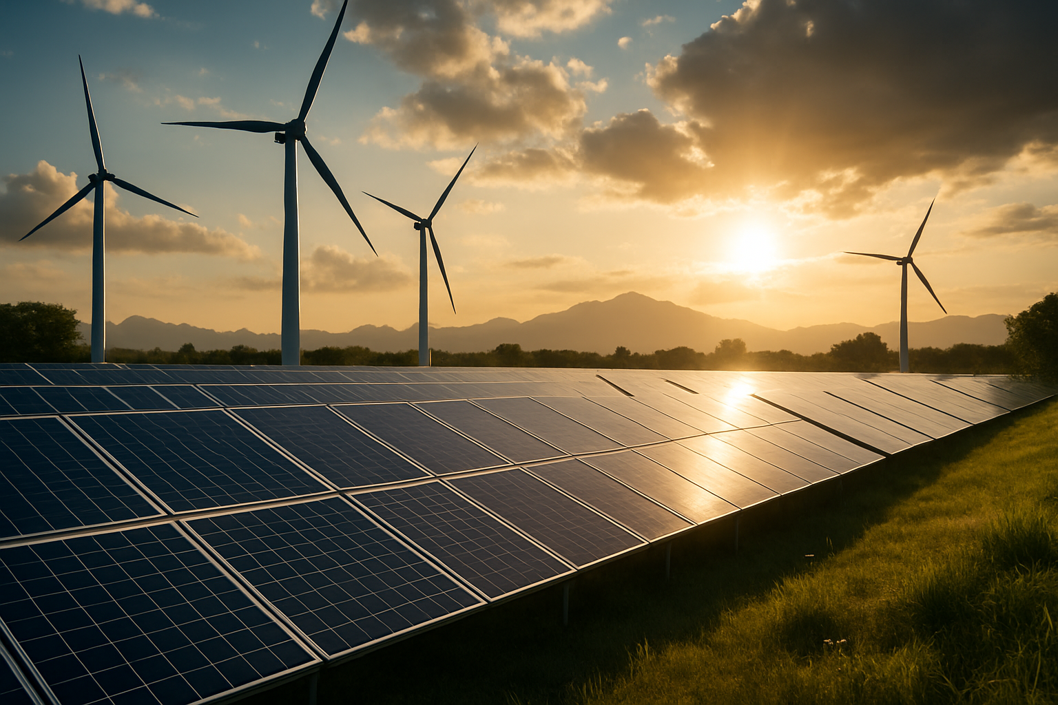 Painéis solares e turbinas eólicas ao pôr do sol em cenário montanhoso, representando fontes de energia renovável.