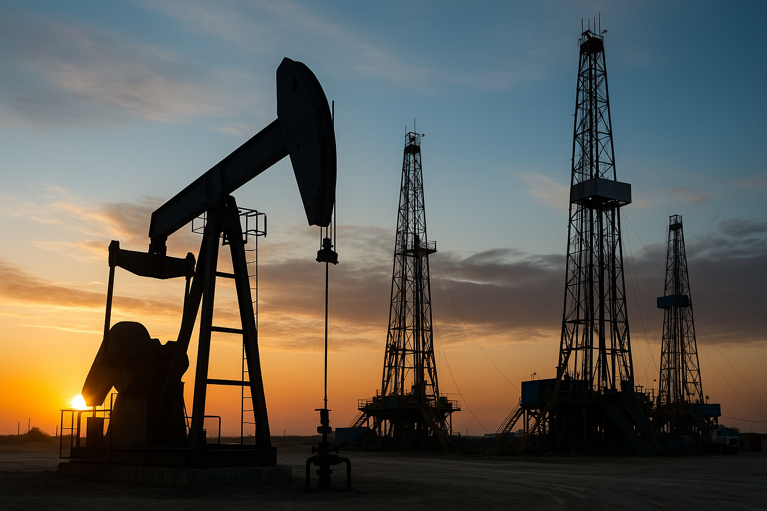 Plataforma de extração de petróleo e gás ao pôr do sol, simbolizando oportunidades no setor energético.