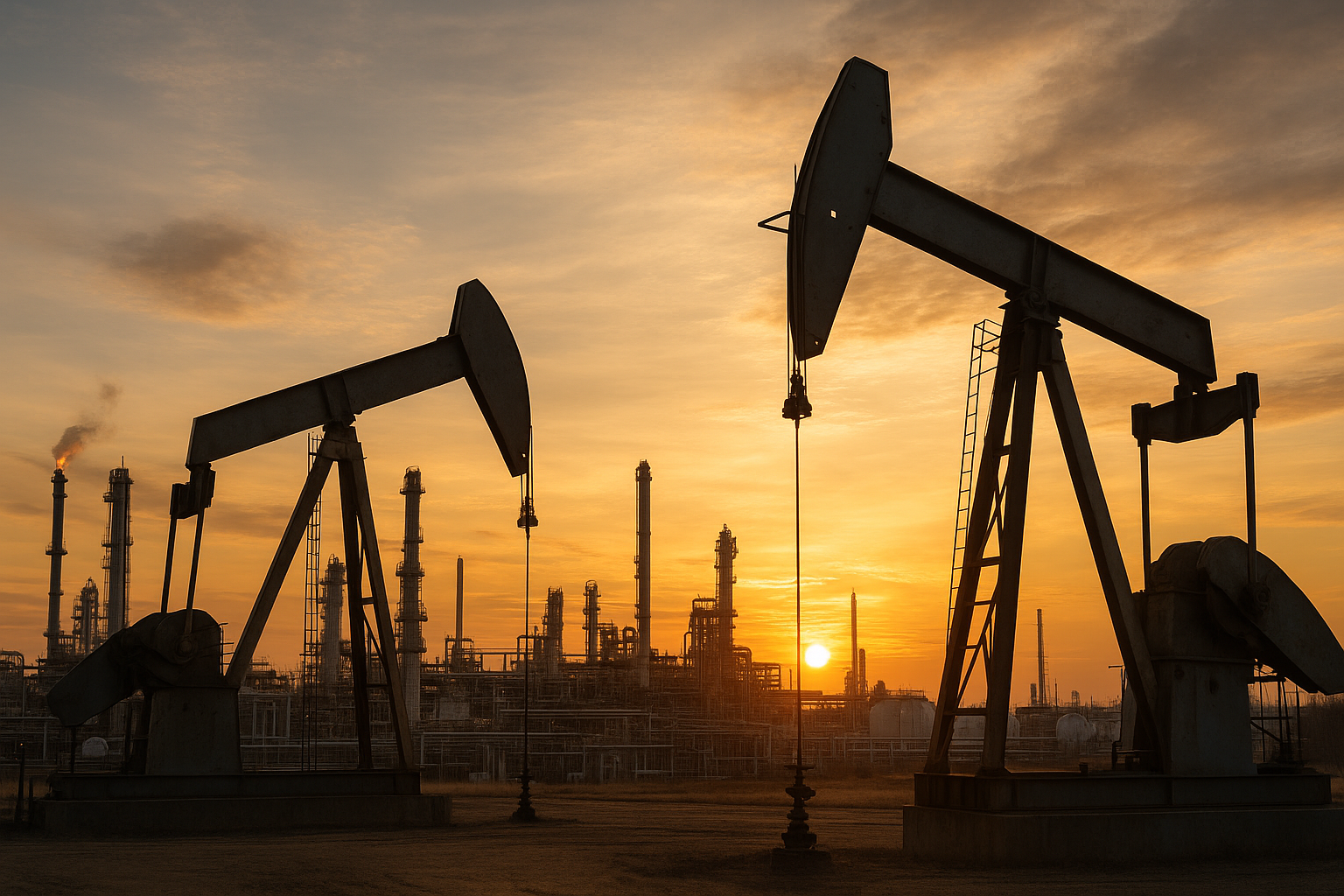 Equipamentos de extração de petróleo ao pôr do sol em um complexo industrial de gás e petróleo.